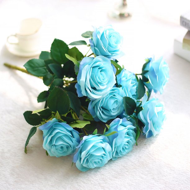  oAutoSjy Ramos de flores artificiales de rosas azules, 12  unidades, con hojas verdes, ramo de boda, flores de seda falsa con tallos  largos, flores de rosas sintéticas, arreglos florales, centros de