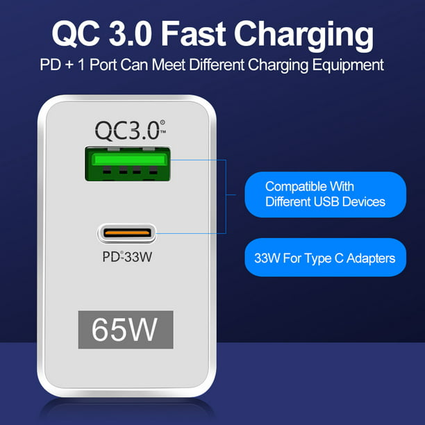 Cargador GaN de 65 W, 2 puertos de carga rápida QC3.0 para iPhone 13 Pro  (negro estadounidense) Ndcxsfigh