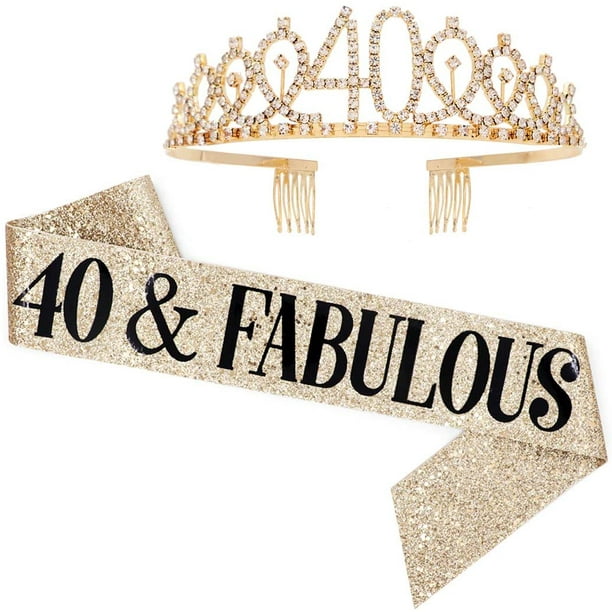 40 and Fabulous Sash & Rhinestone Tiara Set - Regalos de 40 cumpleaños Faja  de cumpleaños para mujer JFHHH pequeña