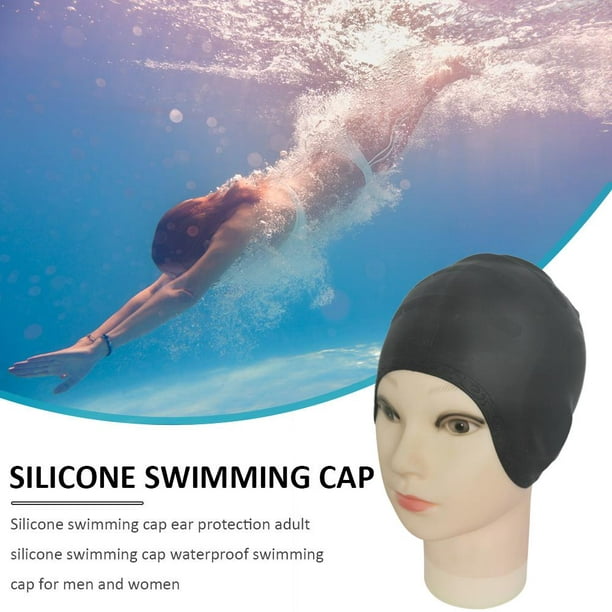  Gorra de natación de silicona, con protección para los oídos,  buena elasticidad para la piscina para bañarse (color negro, gorra de  natación con protección para los oídos de silicona)) : Deportes