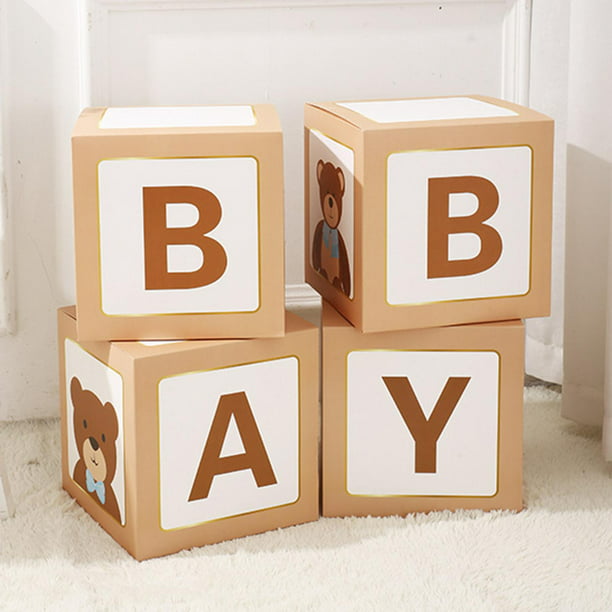  Decoraciones para baby shower, cajas de bebé con letras, 4  piezas de bloques de madera para baby shower con letra de bebé impresa,  decoraciones de revelación de género, baby shower de