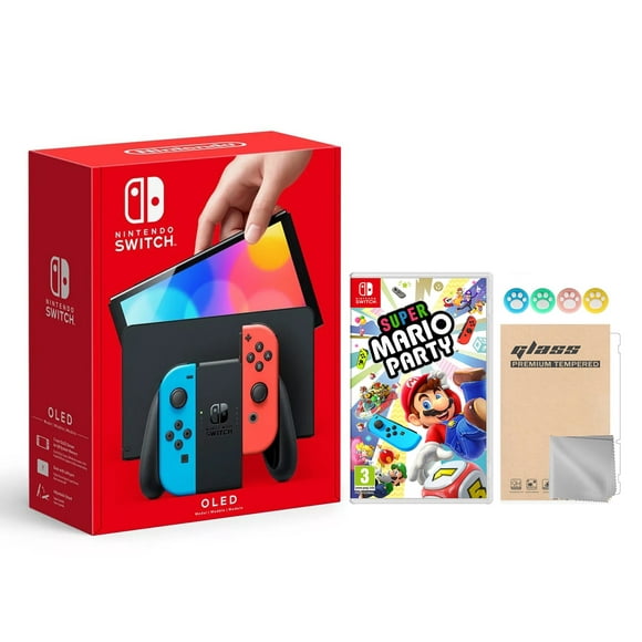 2021 new nintendo switch oled model neon red  blue joy con 64gb console hd screen  lanport dock with super mario party and mytrix joystick caps  screen protector nintendo hegskabaa