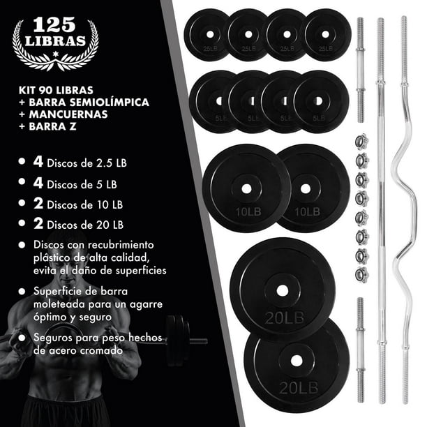Set de Pesas Fitness Barra Recta Discos Recubiertos 120 Lbs