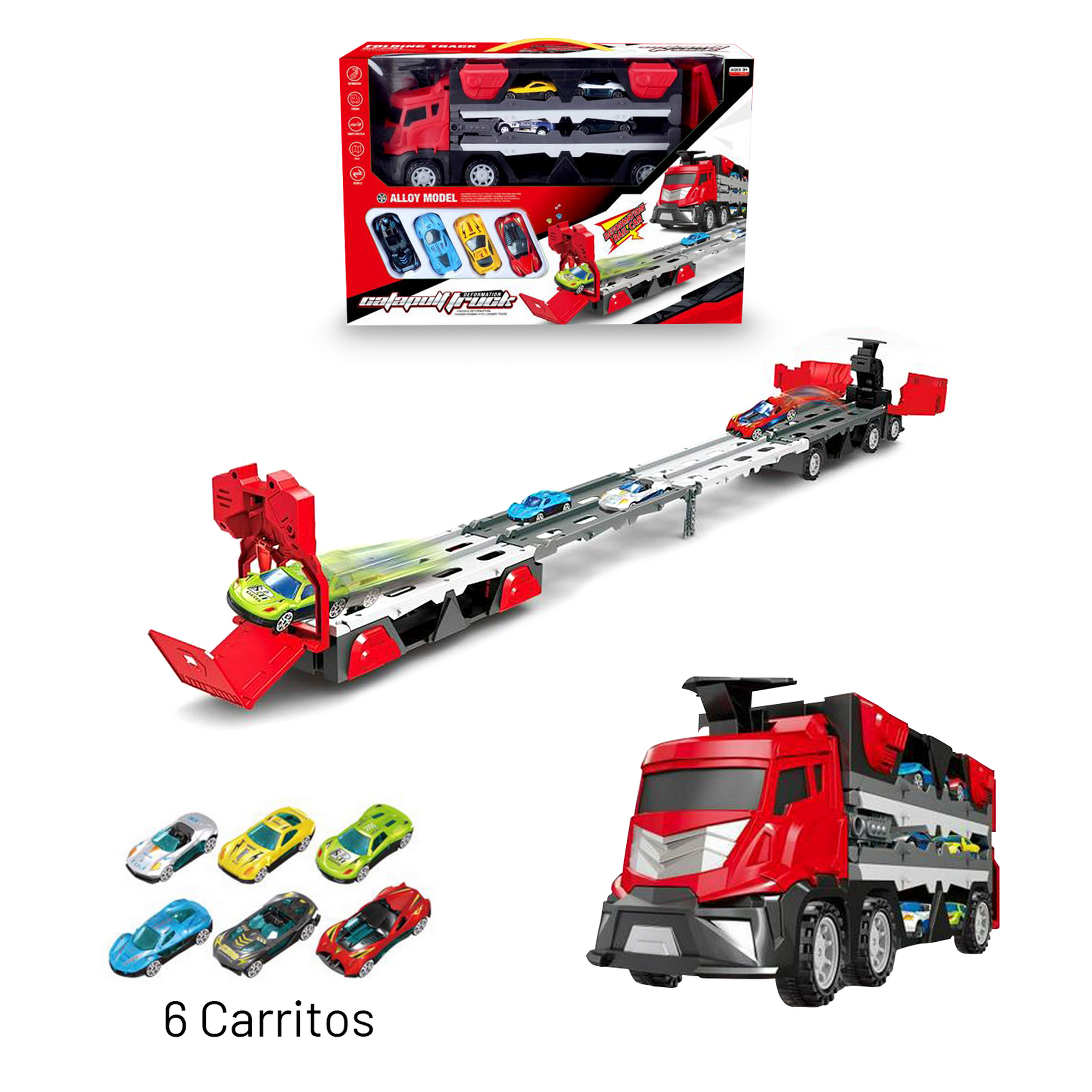 Juguete Camión Transportador 2en1 Pista de Carreras Lanzadora con 6 ...