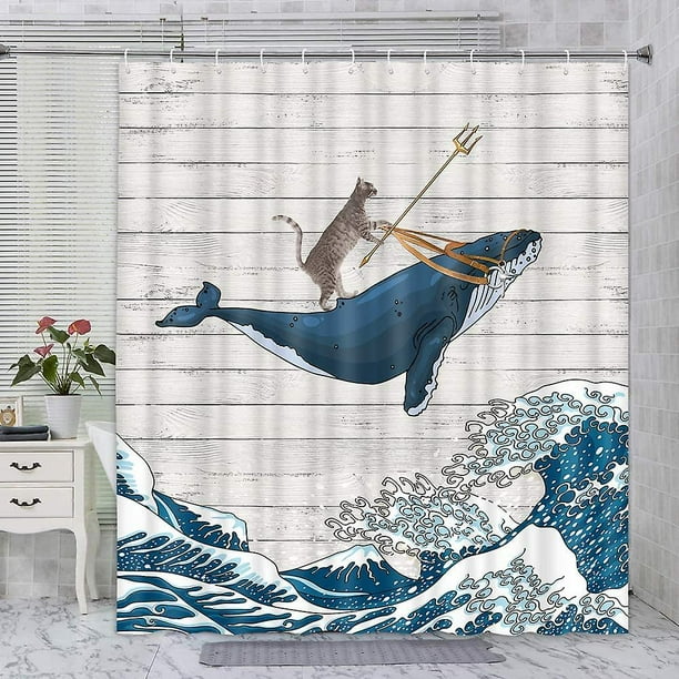 Cortina de ducha divertida, cortina de ducha fresca de ballena de gato en  la onda del océano, cortina de ducha vintage de madera rústica para granja  Afortunado Sencillez