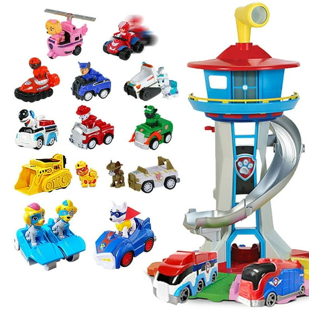 Figuras de acción de la patrulla canina para niños, torre de la patrulla  canina, vehículo mirador, juguete con 15 coches, 13 perros, modelo de coche
