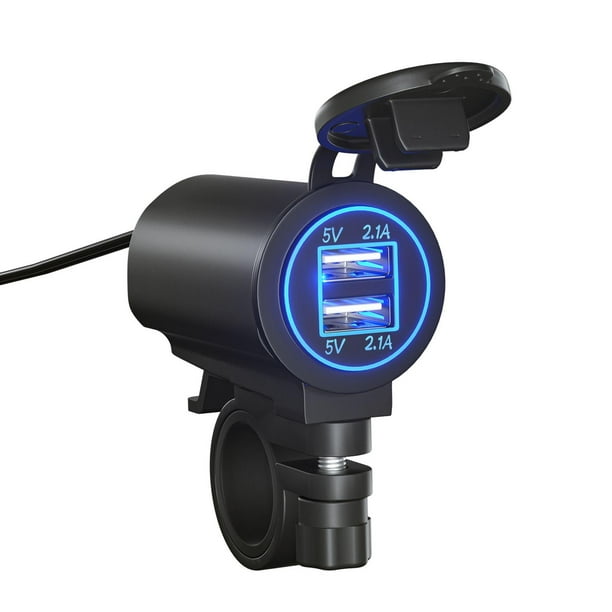 Cargador USB DC12V Cargador de teléfono para manillar de motocicleta  Adaptador de puertos duales (Azul) Likrtyny