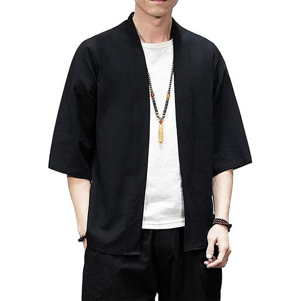 Cárdigan Kimono de moda japonesa para hombre, chaqueta Yukata informal de  talla grande, algodón y lino, siete mangas, ligero, negro, 2xl JAMW  Sencillez