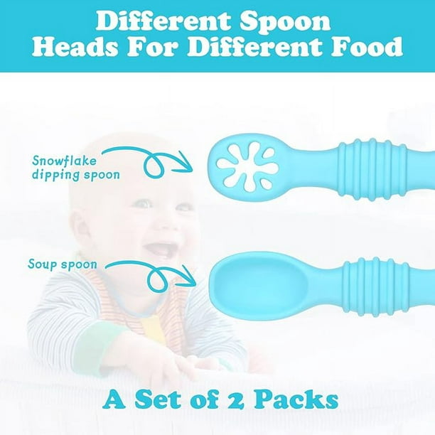 BEABA Juego de 2 cucharas de silicona para bebés con caja para guardarlas  1ª edad azul/gris 