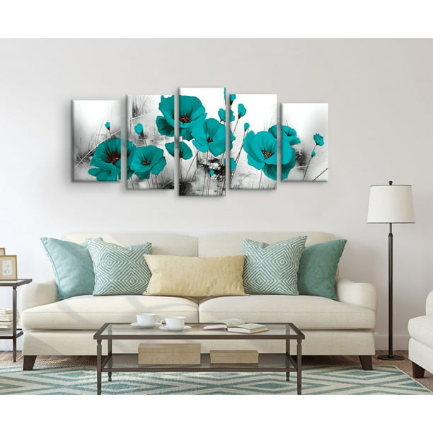 Set De 5 Cuadros Decorativos Para Sala, Flores Turquesas Ideas Creativas  Cuadro sublimado en tela