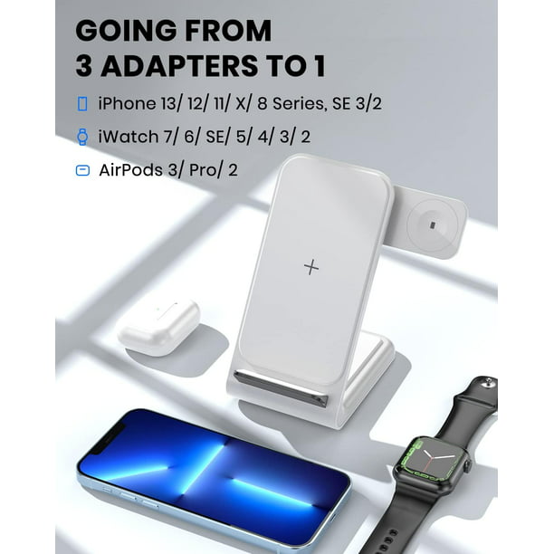 Estación de carga para múltiples dispositivos Apple - Base de carga rápida  3 en 1 para iPhone 14 Pro Max/13/12/11/X/8 Plus, soporte de escritorio de