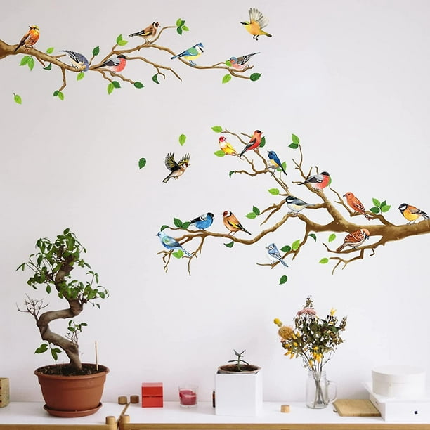 Vinilo decorativo para pared, diseño de árbol y pájaros, con texto Let Us  Love Always Green, Go To Is a Lottery y Go With Happiness D (extragrande