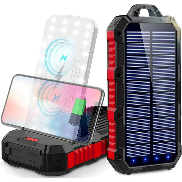 Power Bank, 30000mAh Cargador solar portátil Qi Wireless Power Bank con 2 puertos  USB y 1 carga tipo C con 34 bombillas LED y mosquetón para teléfono  inteligente iPhone Tablet ACTIVE Biensenido