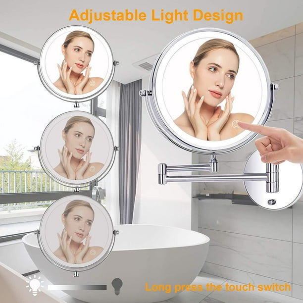 Espejo de maquillaje montado en la pared con aumento de 10X, espejo de  tocador de doble cara de 8 pulgadas con luces LED para niñas, recargable  por