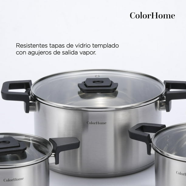 Bateria De Cocina 7 Pzas Acero Inox Tricapa Negro ColorHome COLORINOX7B