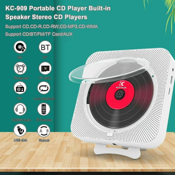  Reproductor de CD de pared, música de CD Bluetooth para montar  en pared, reproductor de audio en casa, reproductores de CD para el hogar,  con radio FM con control remoto, altavoces