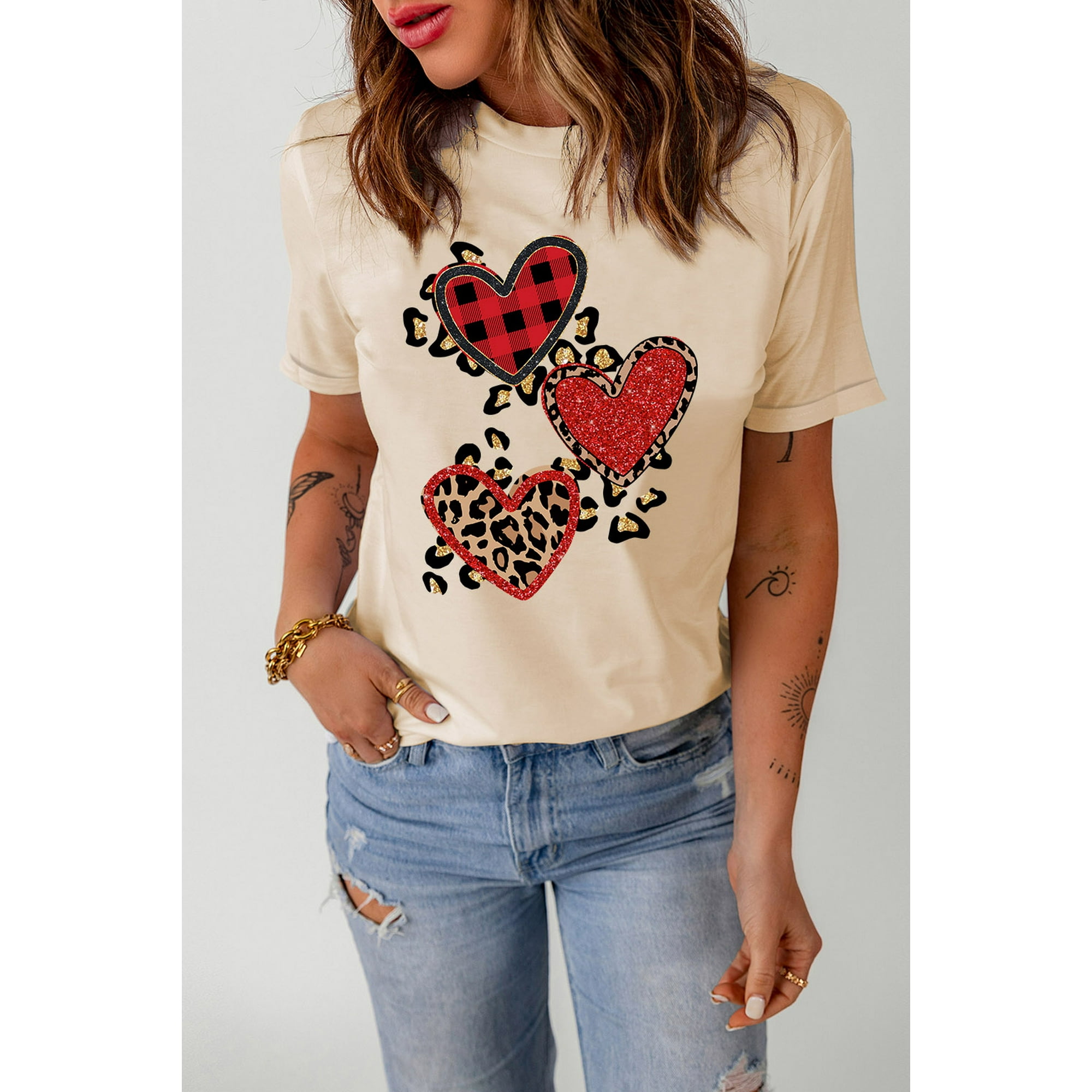 ABPHQTO Camiseta gráfica con estampado de lentejuelas de leopardo en forma de corazón caqui muj ABPHQTO | Walmart en línea