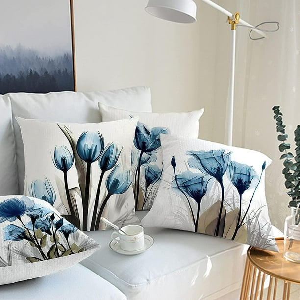 4 Fundas De Cojines 18x18 Decorativos Flores Gris Azul Decoracion Para Sala  Casa
