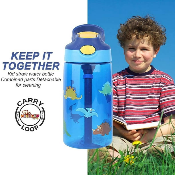 Botella de agua para niños, botella de agua aislada de 16 onzas para niños,  botella de agua deportiva con tapa con pajilla, dos tapas, botellas de