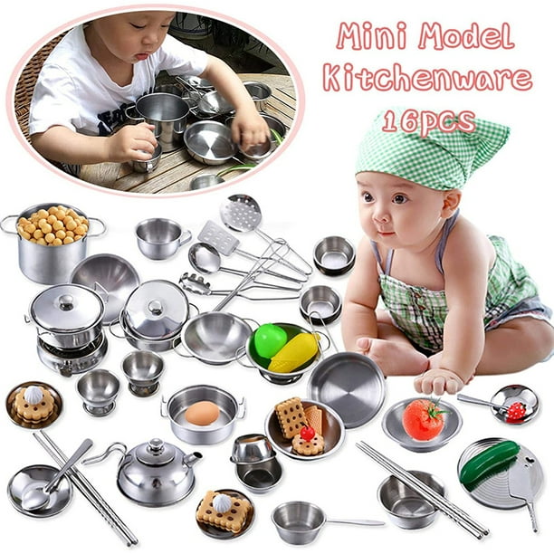 Juego de ollas y sartenes para niños, juego de cocina de simulación,  utensilios de cocina, juguetes de cocina, mini utensilios de cocina de  acero