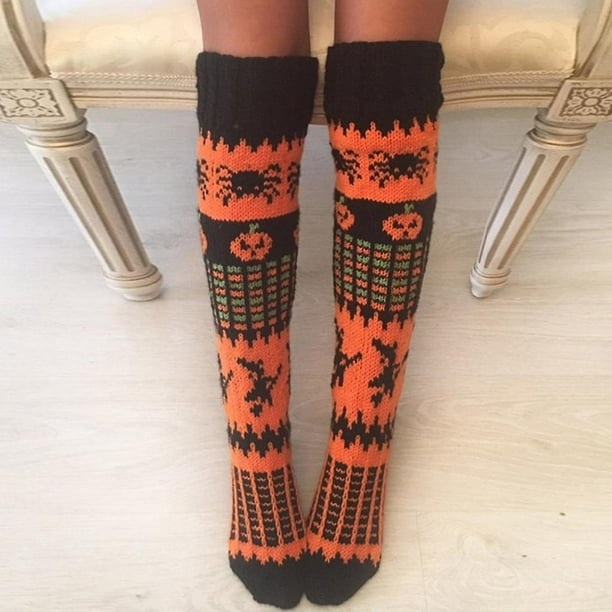 SATINIOR 4 pares de calcetines altos de Halloween hasta la rodilla, color  naranja y morado, calcetines largos elásticos para mujer, Multicolorido