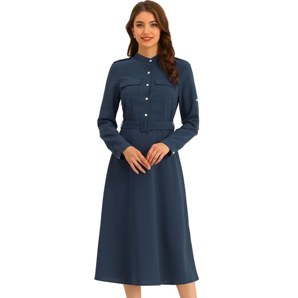 Vestido Elegante Maxi para Mujer 2023 con Botones Frontales Vestido largo  con Cinturón Azul marino M Unique Bargains Vestidos
