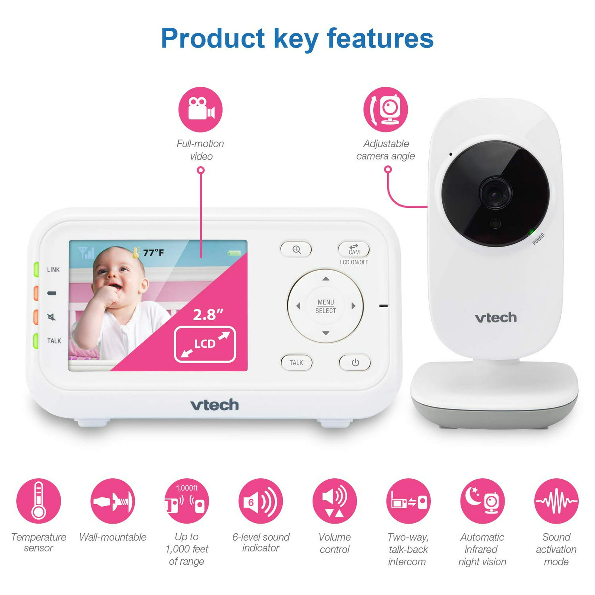 Monitor de bebé con video de pantalla dividida con 2 cámaras y LCD de 4.3  pulgadas, visión nocturna automática, conversación bidireccional, detección