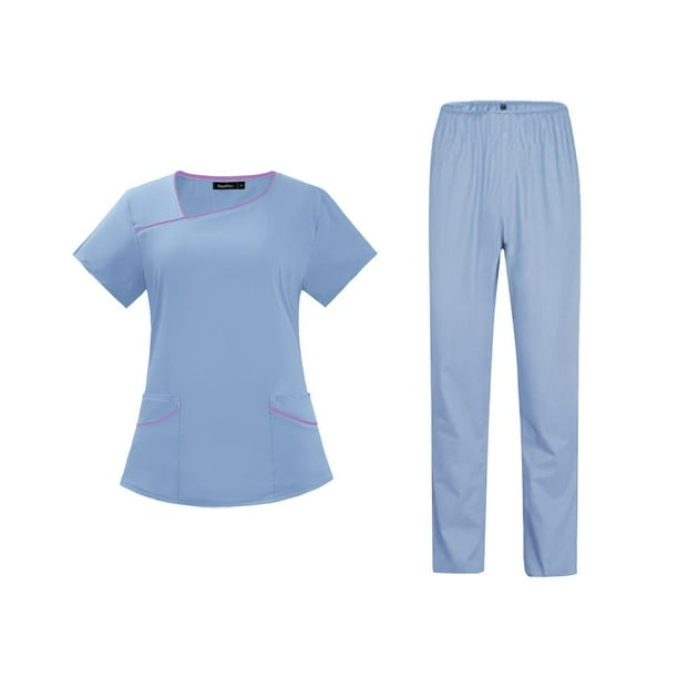  Conjunto de uniforme de trabajo de enfermería para mujer,  camiseta de manga corta + pantalones, cuello en V con bolsillo, cintura  elástica, pantalones elásticos : Ropa, Zapatos y Joyería