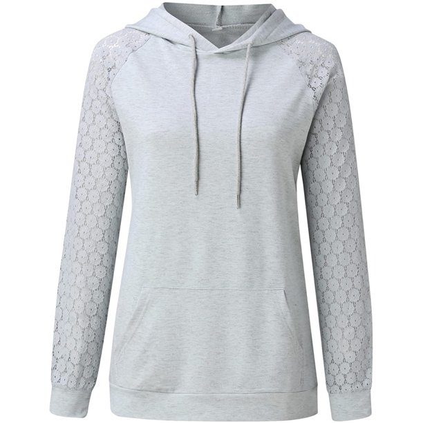 Sudadera con capucha de manga larga de encaje de otoño para mujer Bolsillos  de empalme Sudaderas con Fridja fhghd3451