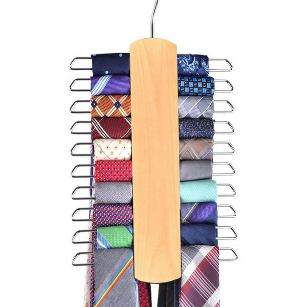 Percha de madera para corbatas y cinturones, organizador central giratorio  de madera para corbatas y estante de almacenamiento con acabado  antideslizante, 20 ganchos, color blanco