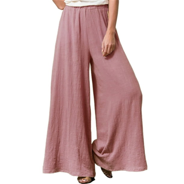 Gibobby pantalones de vestir mujer cintura alta Pantalones de pierna ancha  de lino y algodón sueltos informales de color sólido sueltos de talla  grande de verano para mujer (Rosa, XXL)