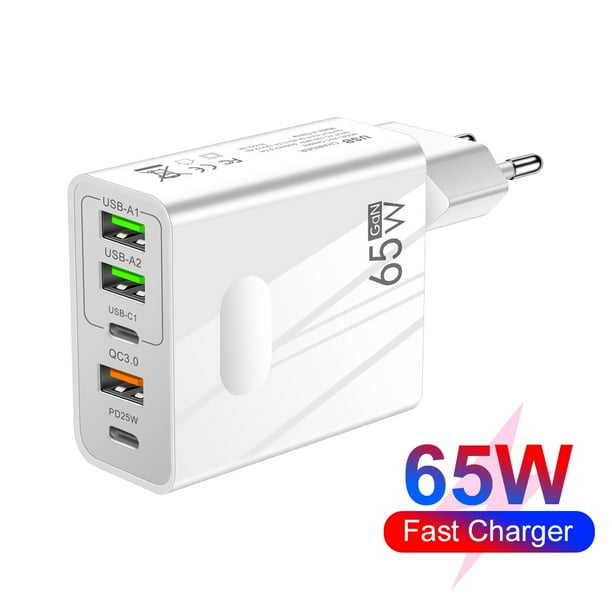 6 en 1 65W PD USB-C / TYPE-C + QC 3.0 USB + 4 Cargador de Viaje de Pue