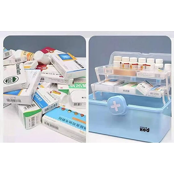  Caja de medicina, caja de almacenamiento de plástico  multifuncional para el hogar, caja de almacenamiento de plástico de doble  capa, caja médica portátil, caja de medicamentos de primeros auxilios Caja  de