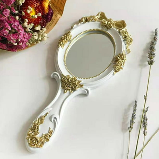 Espejo de mano vintage con asa, espejo de maquillaje, espejo de viaje  (ovalado, oro rosa)