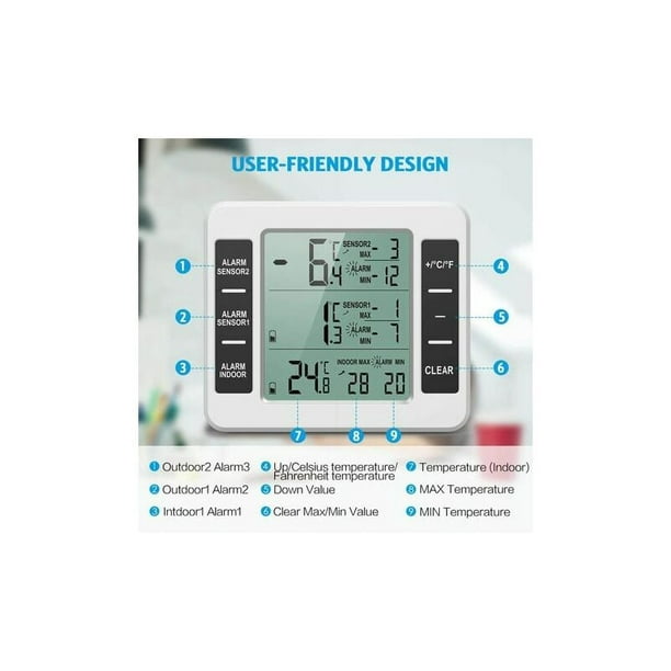 Thermomètre Frigo, Thermometre Réfrigérateur avec Alarme Congélateur, Thermomètre  Intérieur Extérieur Sans Fil avec 2 Capteurs, MIN/MAX et Alarme  Température, Thermomètre Connecté pour Maison