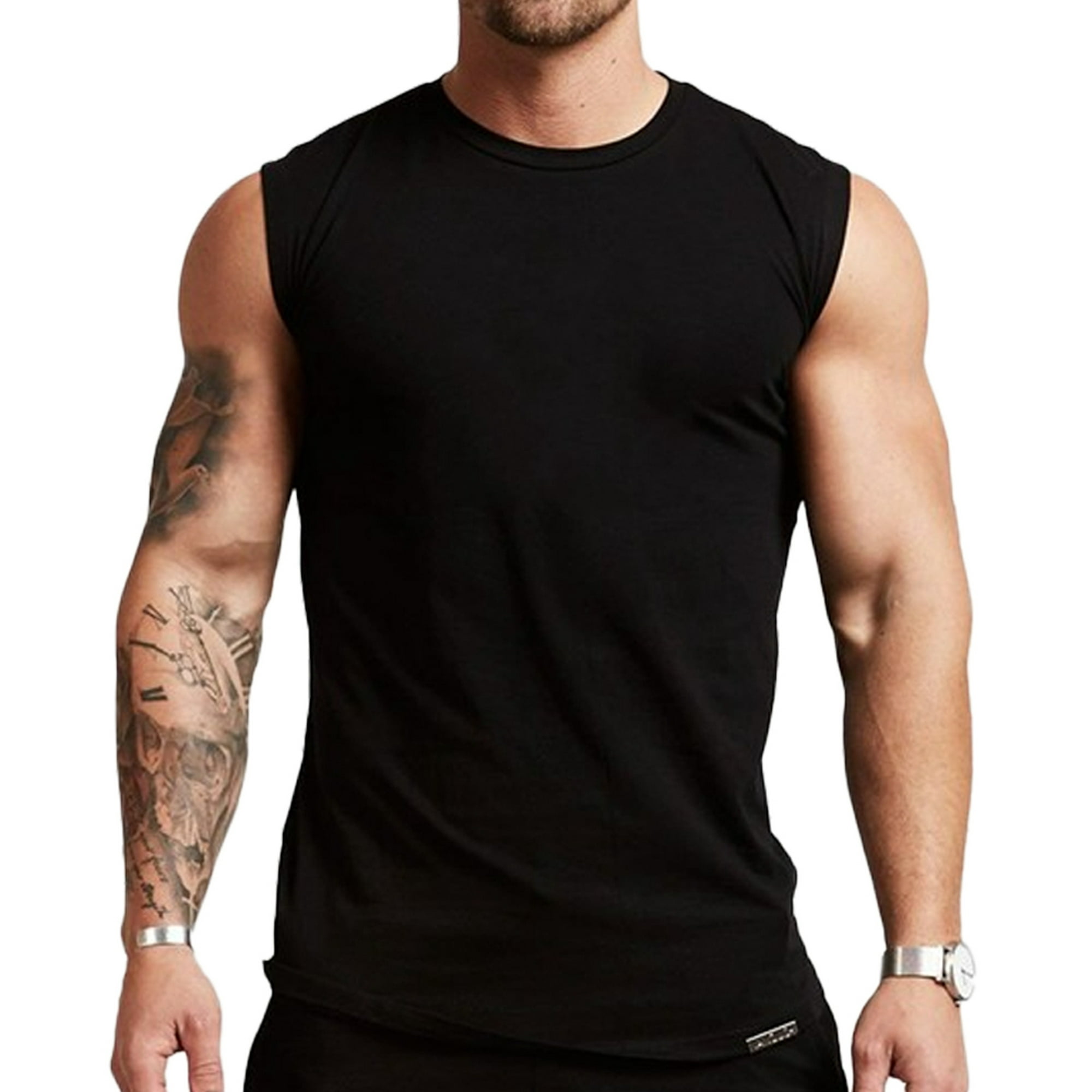  Camiseta sin mangas para hombre, color liso, ajuste casual,  blusas de algodón, Negro - : Deportes y Actividades al Aire Libre