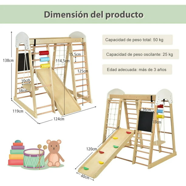 INFANS Juguetes de escalada 8 en 1 para niños pequeños, juego de escalada  Montessori de madera para niños con red de escalada de tobogán, escalera