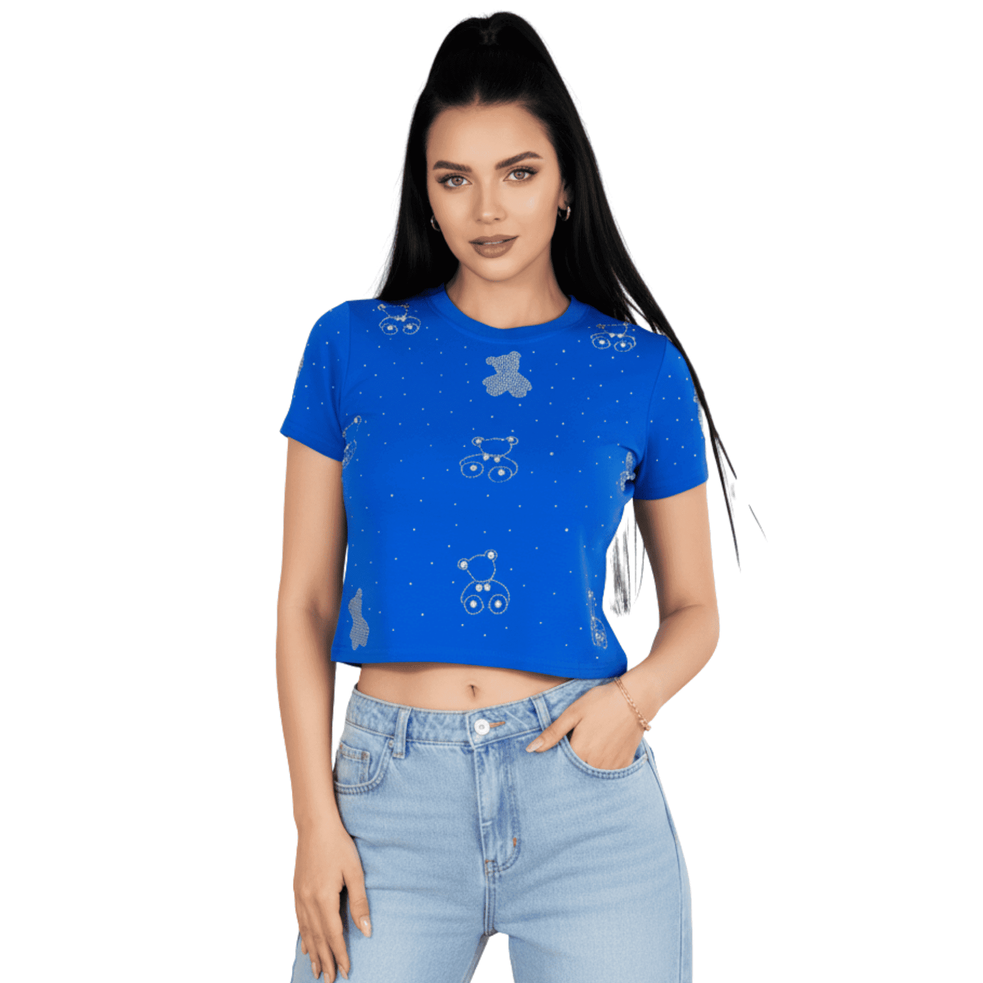 Blusa crop top con estampado de ositos y detalles brillantes