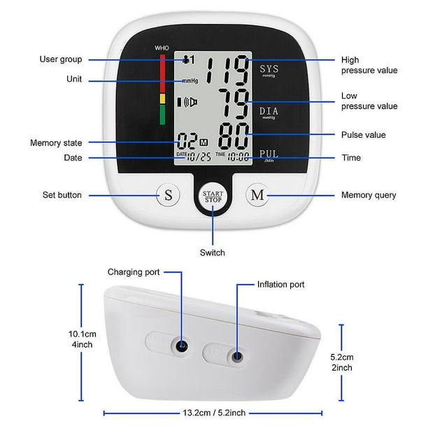 Esfigmomanómetro Digital hasta el brazo Bp Monitor de presión arterial  ritmo cardíaco medidor de pulso máquina tonómetro pulsómetro cuidado de la  salud Feliz Sencillez