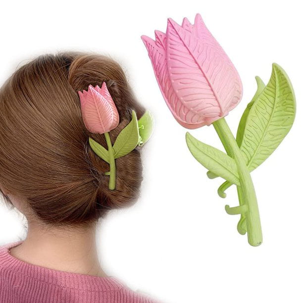  Pinzas de pelo para mujer, pinzas de plátano medianas,  pasadores de pelo de pétalos de flor para mujeres y niñas, accesorios para  el cabello grueso (rosa, paquete de 2) : Belleza