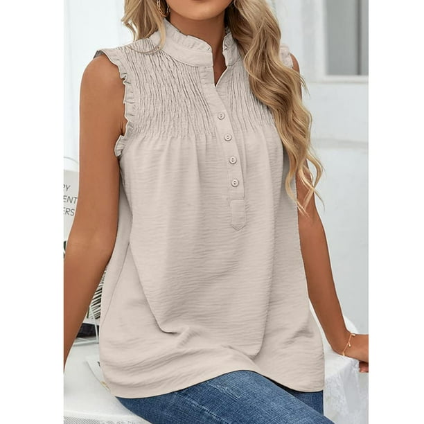 Blusa sin mangas con botones delanteros de Color liso para mujer camisa sin mangas con cuello redondo adorno plisado camiseta sin mangas decorativa