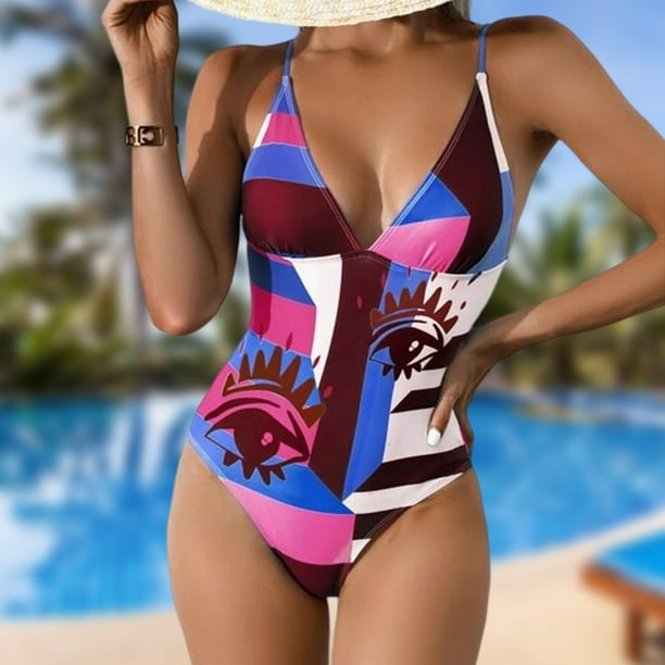 Bikini De Una Pieza Traje de baño de una pieza estampado sin espalda sexy traje de baño de playa (púrpura L) Cgtredaw Para estrenar | Walmart en línea