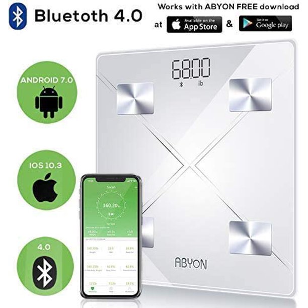  ABYON Báscula de baño inteligente Bluetooth para peso corporal,  báscula digital de grasa corporal, monitor automático, peso corporal,  grasa, IMC, agua, BMR, masa muscular con aplicación para teléfono  inteligente, báscula de