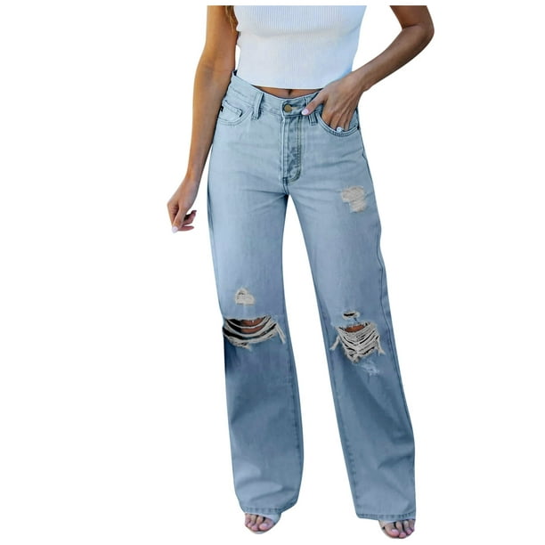  Jeans rasgados para mujer, pantalones de cintura alta
