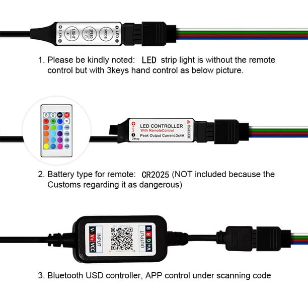 Tira de luces LED con pilas RGB luces LED tira de luces con batería 3  llaves controlador