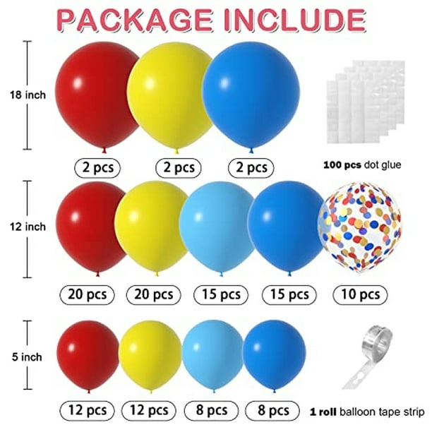 Paquete de 100 globos rojo, amarillo y azul
