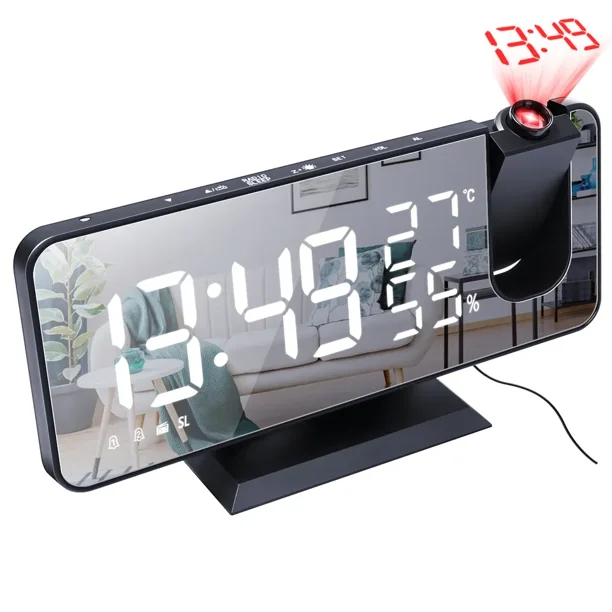 Reloj despertador de proyección para dormitorio, reloj LED de proyección en  el techo, reloj digital con carga USB, proyector ajustable y atenuador