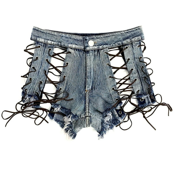 Moda para mujer Color sólido Cintura alta Sexy Hollow Out Frenulum  Nightclub Jeans Ultra Shorts Fridja fhjkhfk460714