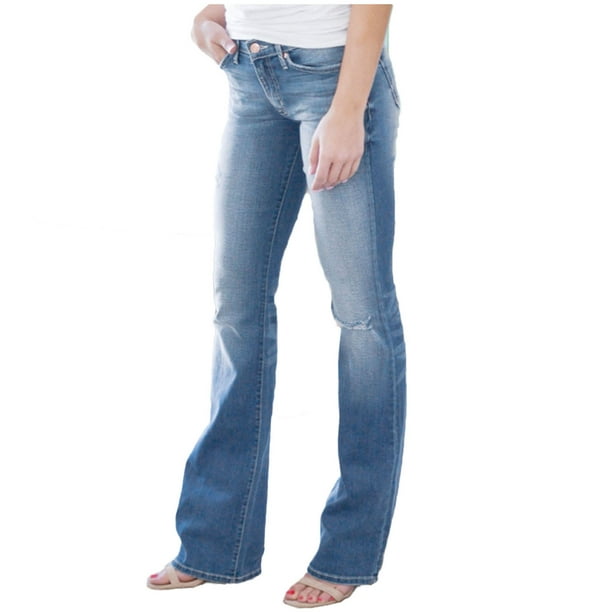 Puntoco Mujer Cintura media Flaco Bolsillo Elástico Botón delgado  Pantalones Agujero Flare Pantalones Denim Jeans Puntoco Puntoco-4851