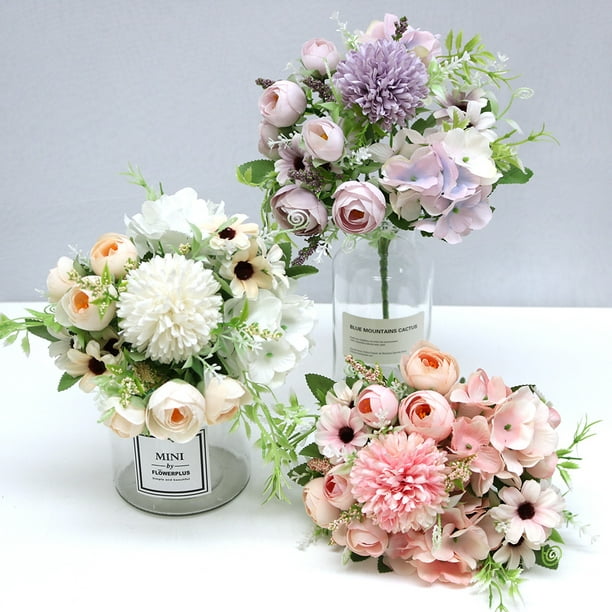 Hortensias artificiales de seda rosa para novia, flores falsas de peonía,  decoración del hogar blanca